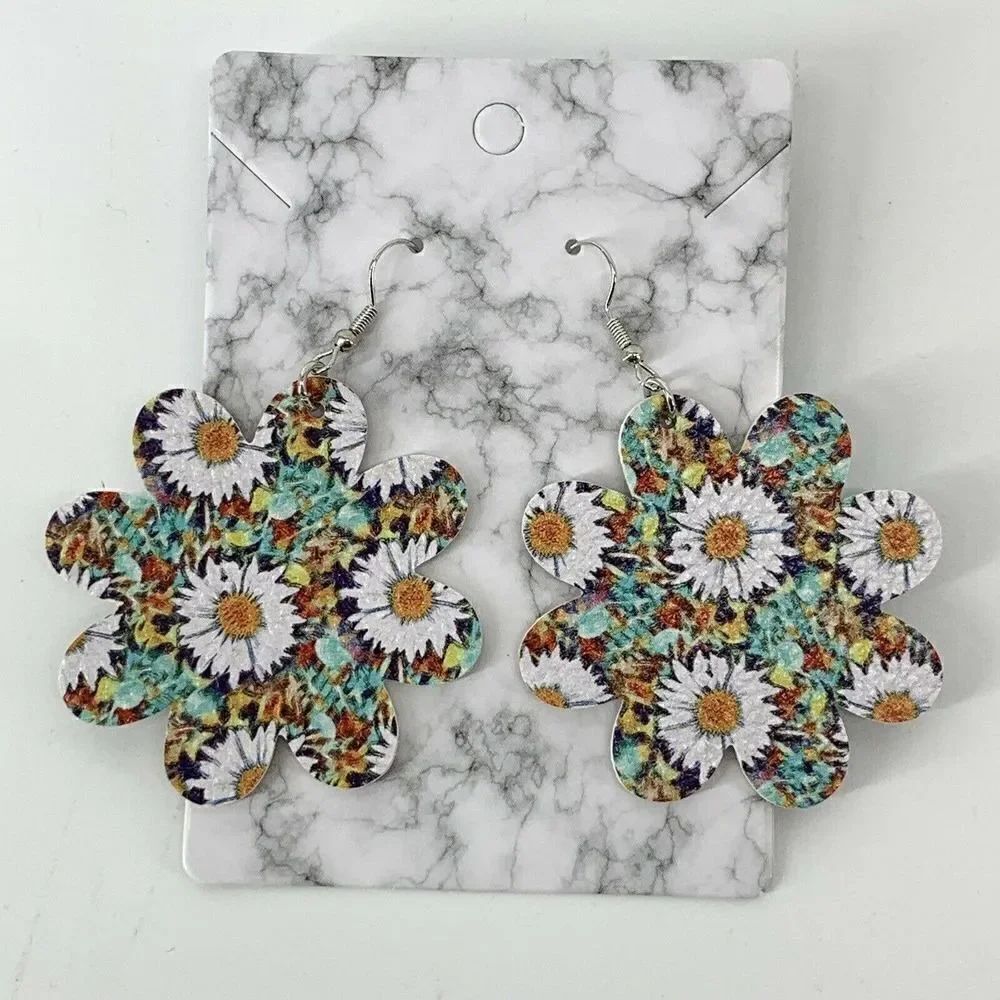 Daisy Flower Printed Leather Earrings